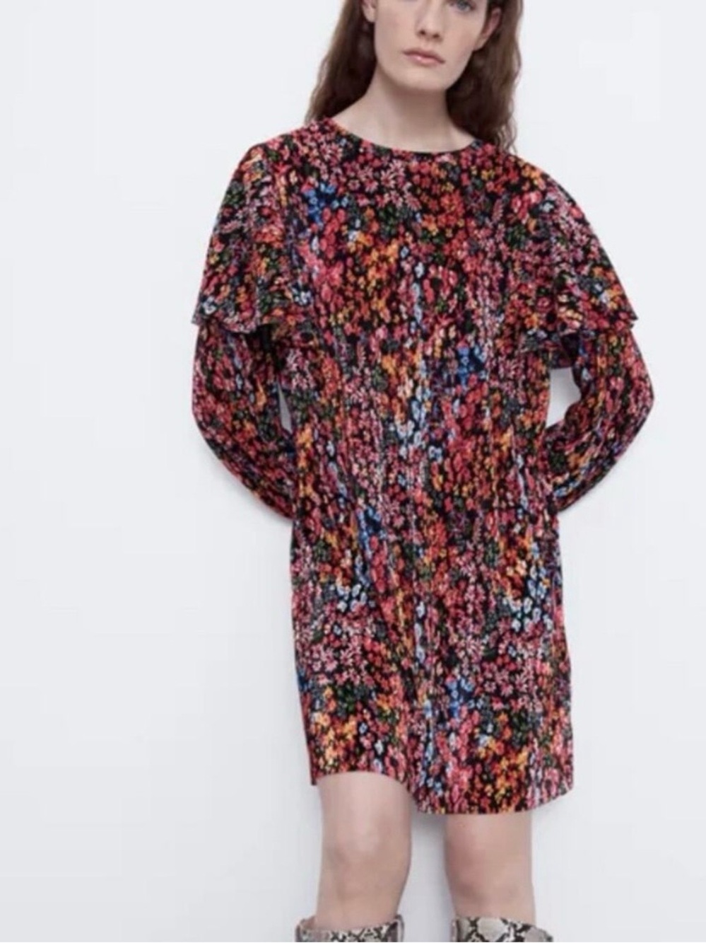ZARA Micro Pleated Puff Sleeve Ditsy Floral Pleated Mini Dress Size Small